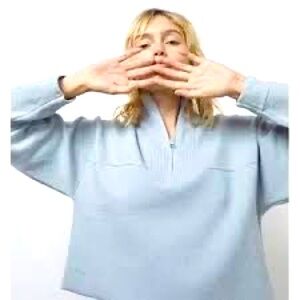 Lunya Chilled Blue Cozy Cotton Silk 1/4 Zip Pullover Sweater Size XS